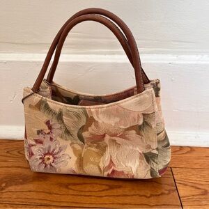 Floral Vintage Mini Canvas Handbag with Brown Handles